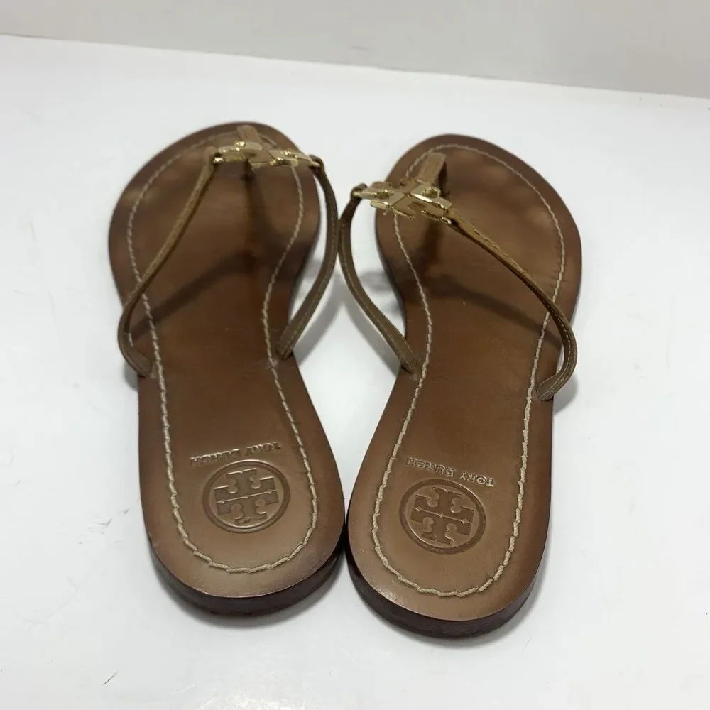 Tory Burch Golden Metal Logo T-Strap Leather Flat Sandals Size 9 Womens